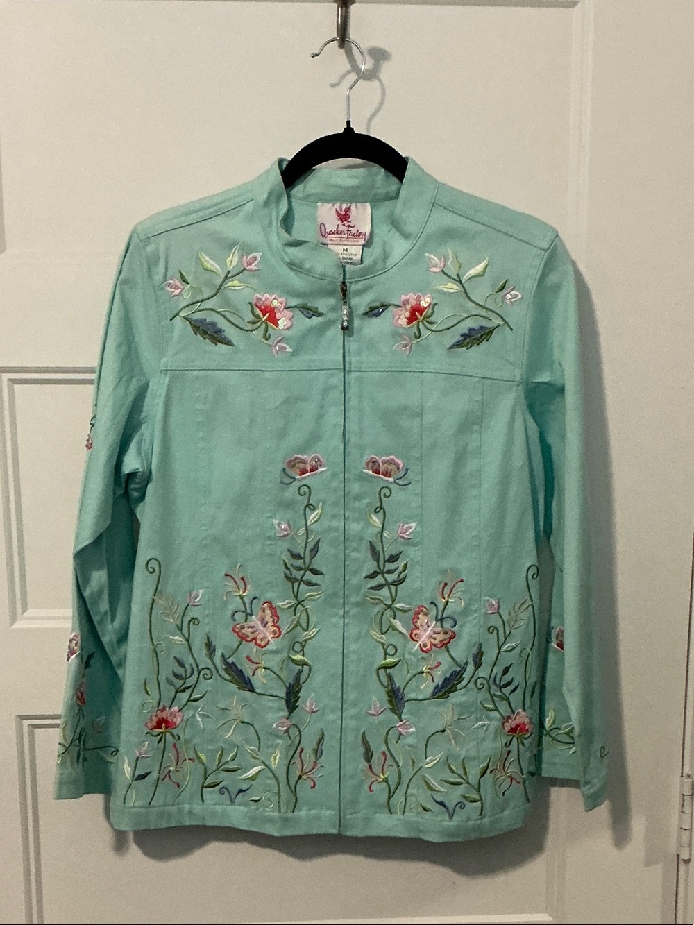 Quacker Factory Mint Green Floral Embroidered Utility Jacket